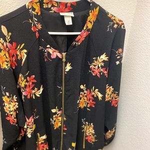 Ava & Viv Black Bomber Jacket with Red and Yellow Floral Print